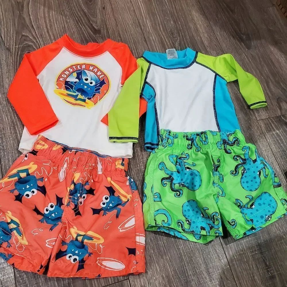 Boys Baby Swim Sets Size 12-18M Kids Swim Set - Orange and Green 2 Pieces